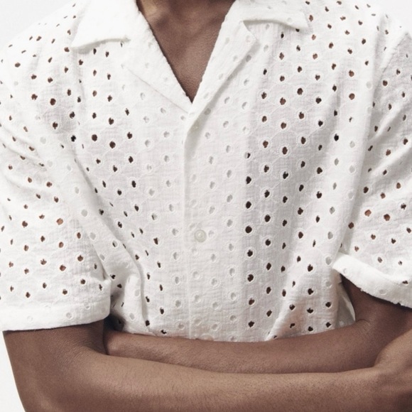 Men's White Eyelet Shirt - Picture 1 of 8